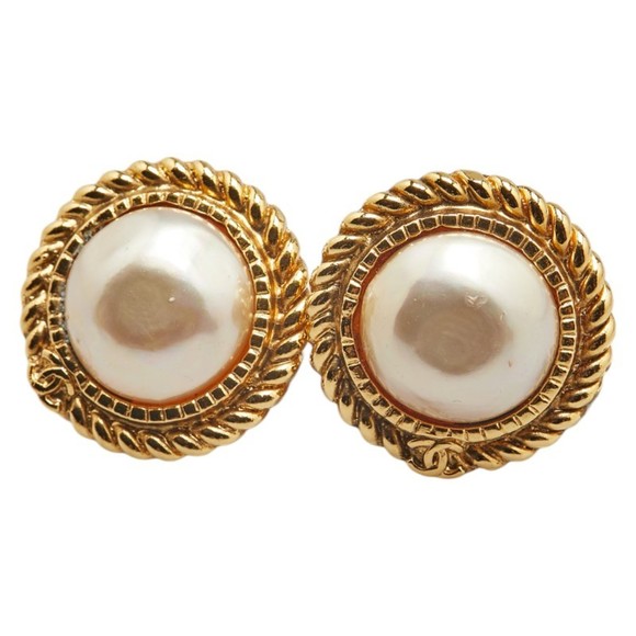 Chanel Coco Mark Earrings, Gold Plated with Faux Pearls, Women's, CHANEL - Picture 1 of 5